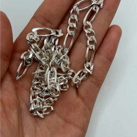 Solid 925 Silver Figaro link silver Chain for men diamond cut 24inch long